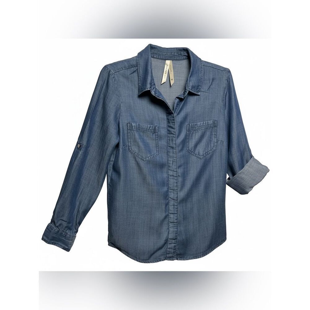 Liverpool LA Button-Up Shirt Womens XS Blue Chambray Look Roll Tab Tie Back